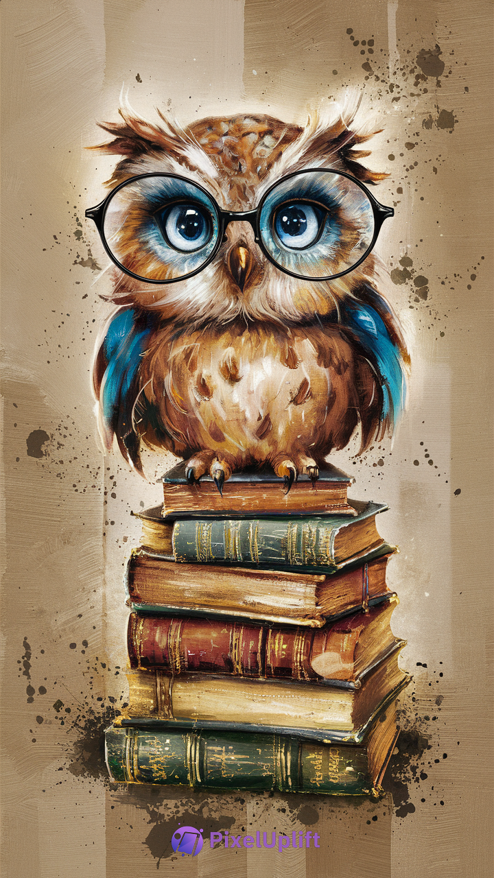 Painting of a cute fluffy owl with big blue eyes and round glasses perched on a stack of old books on a beige abstract background