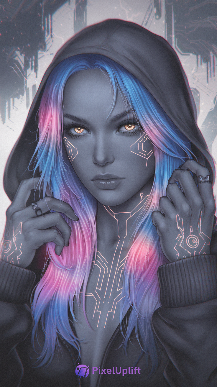 Futuristic cyberpunk portrait of a woman with neon blue and pink hair, metallic gray skin, glowing golden eyes, and circuit patterns on face against a dark technological background