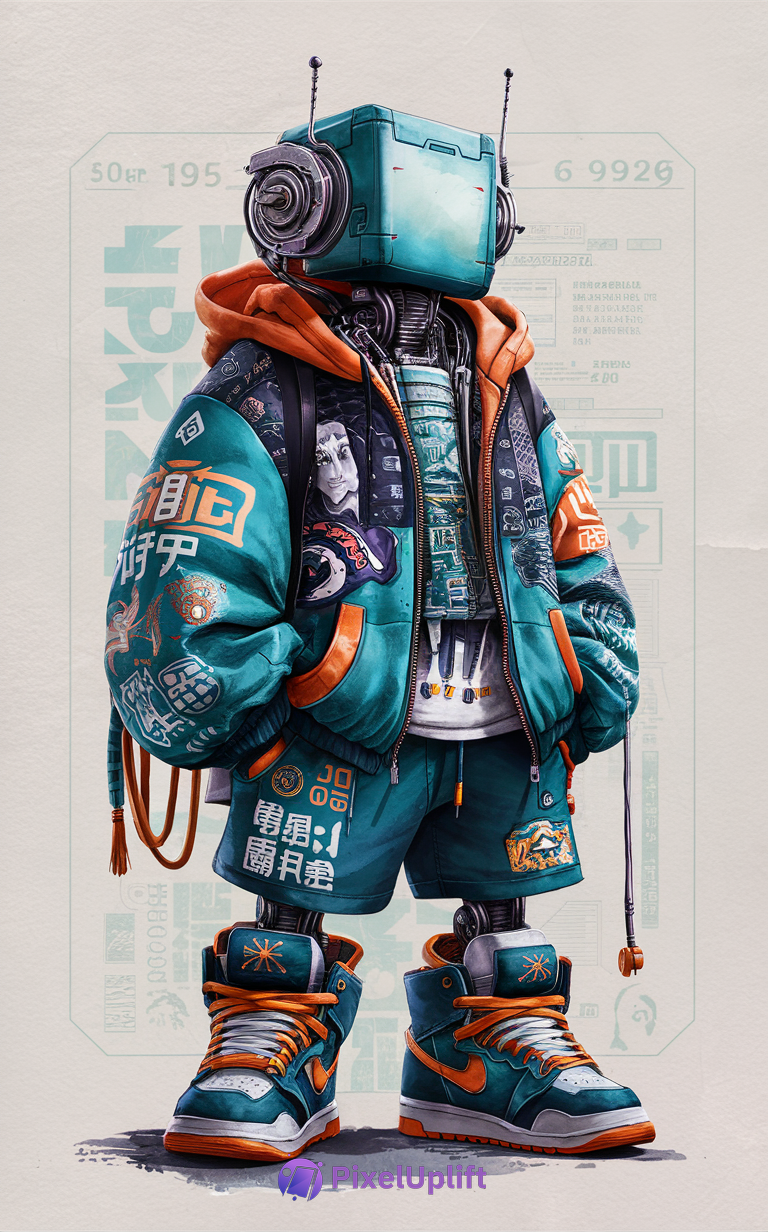 Stylized humanoid robot with teal boxy head wearing teal and orange street-style jacket and shorts with exposed mechanical parts