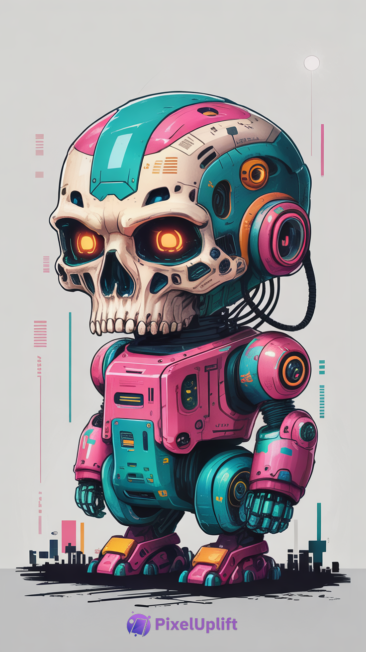 Futuristic cyberpunk robot with a glowing orange skull head in vibrant pink, turquoise, and teal colors on a dark abstract cityscape background