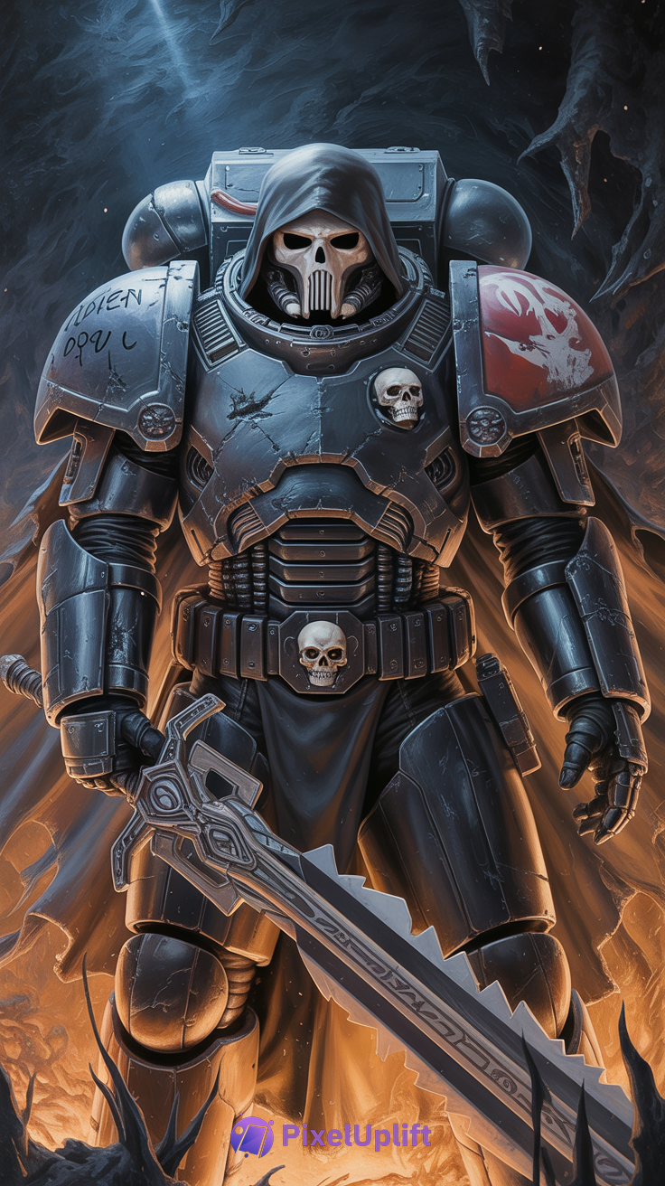 Dark armored warrior with skull motifs holding a chainsword in a fiery, smoky environment phone wallpaper