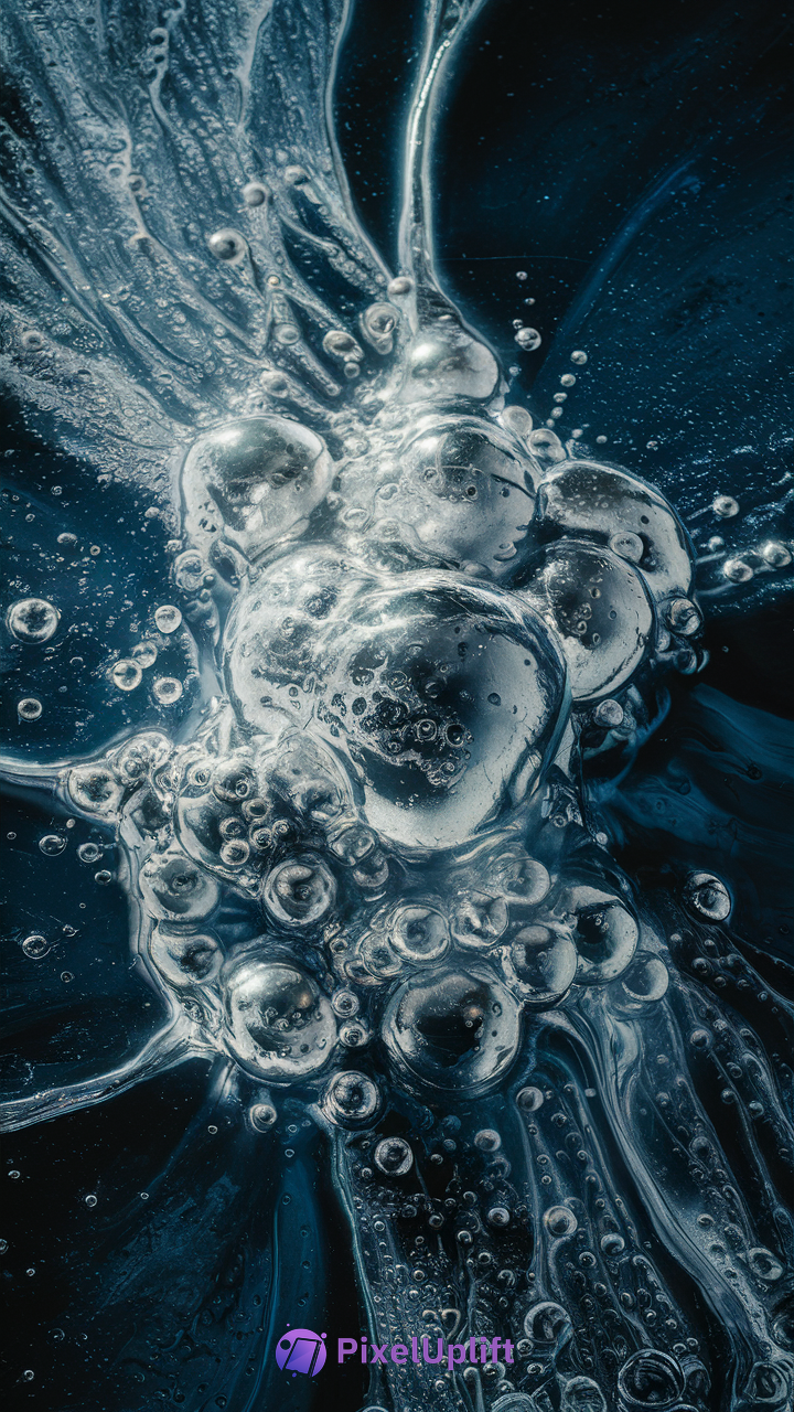 Close-up of bubbles trapped in frozen ice with dark blue and silver hues, abstract phone wallpaper
