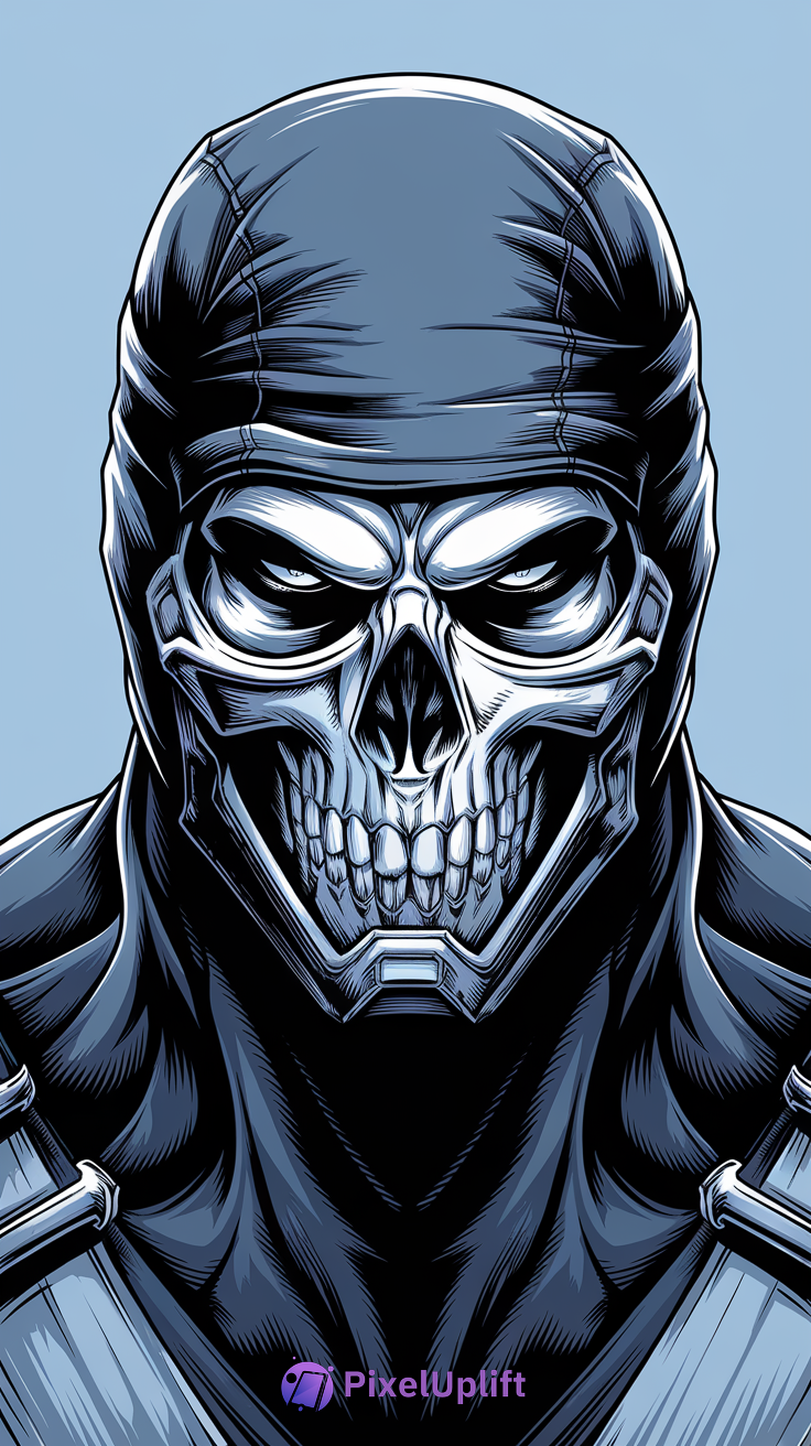 Digital illustration of a fierce character wearing a menacing detailed skull mask with intense eyes on a light blue background, suitable as a phone wallpaper
