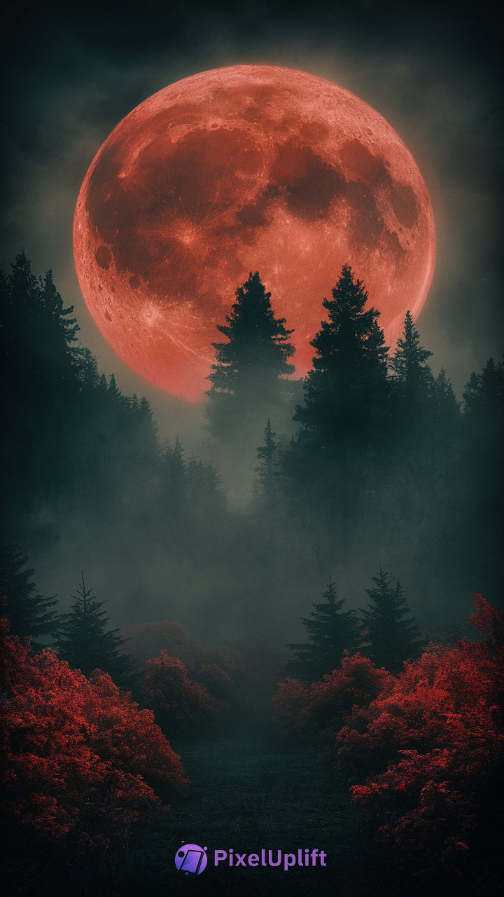 Dramatic dark forest at night with red blood moon illuminating misty trees phone wallpaper