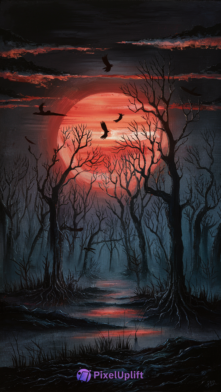 Dark moody forest at night with a glowing red moon and flying black birds, phone wallpaper HD background