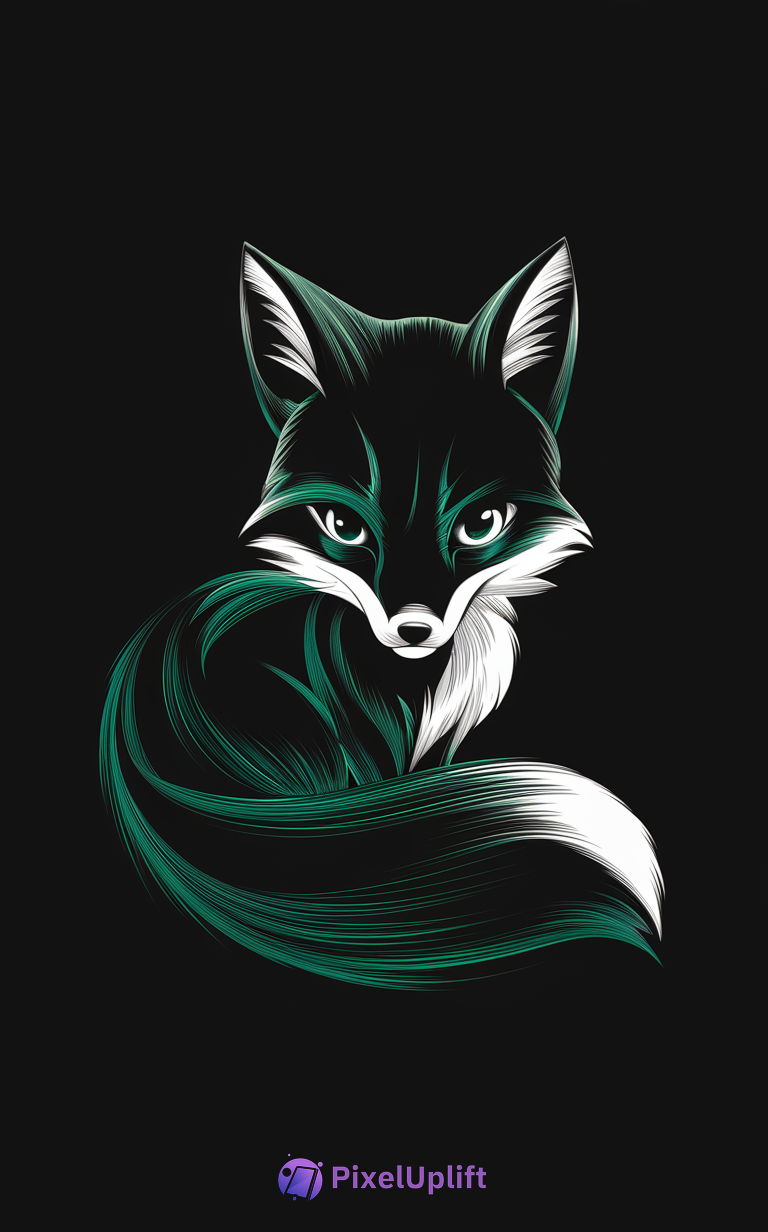 Stylized digital illustration of a curled fox with large eyes on a black background