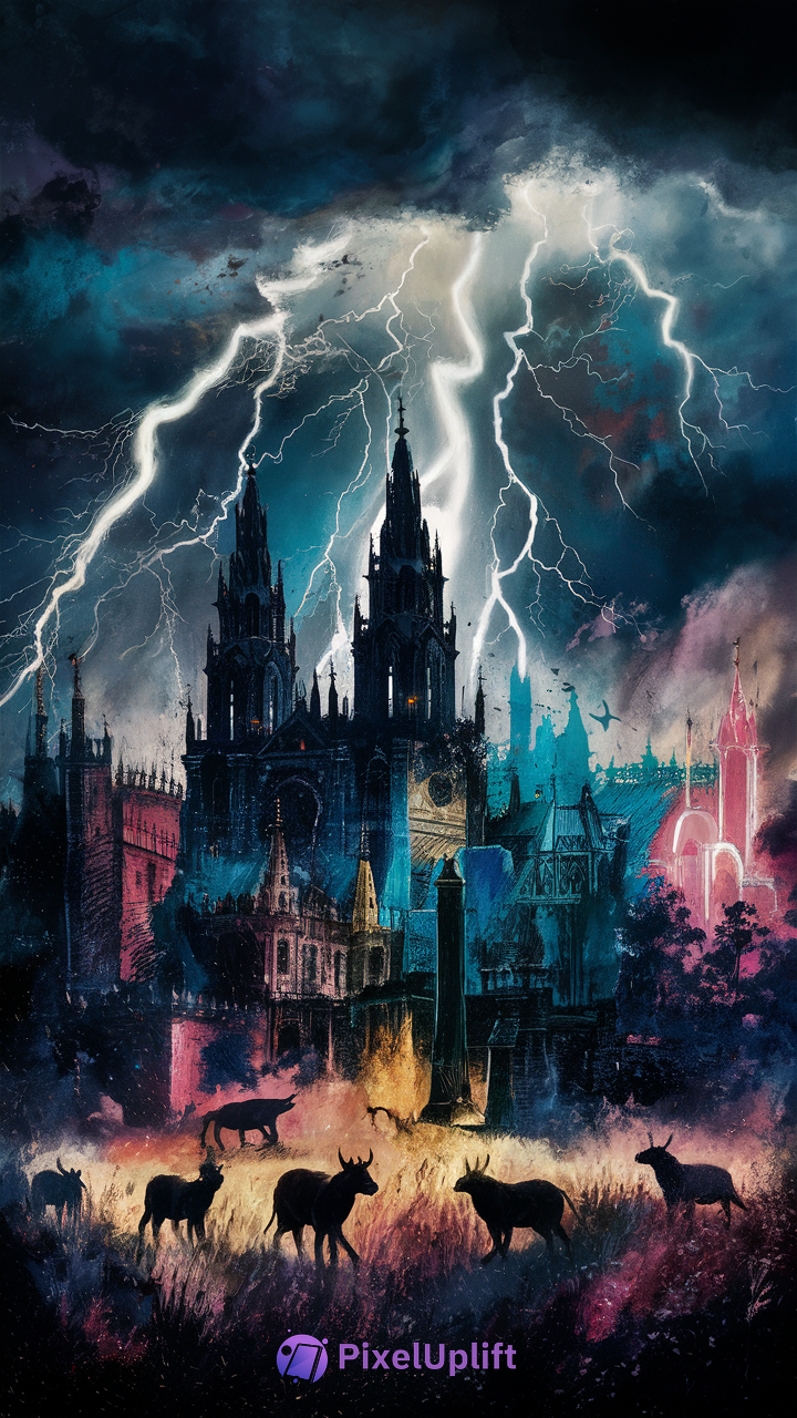 Dark gothic cathedral with lightning storm night sky and silhouette of horned animals in golden grass