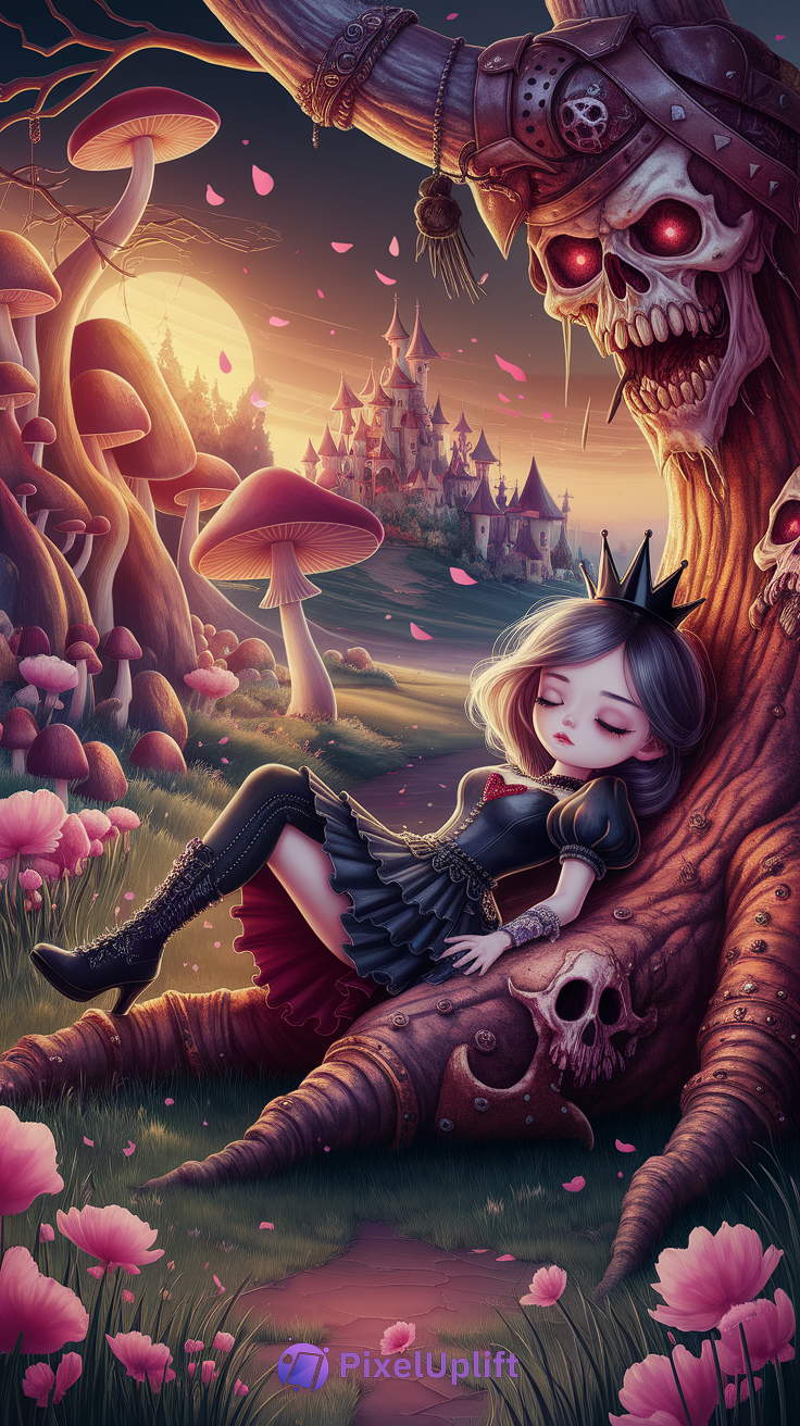 Surreal gothic fantasy phone wallpaper with a pale girl resting against a twisted tree with skull motifs, oversized mushrooms, and a glowing castle at sunset