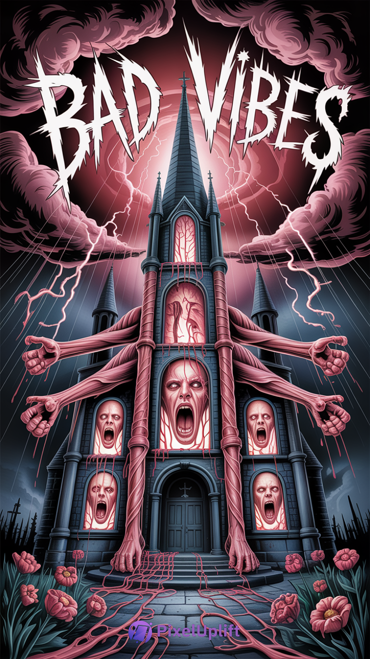 Dark gothic-style church phone wallpaper with pink muscular arms, screaming faces in windows, stormy clouds, lightning, and bad vibes text