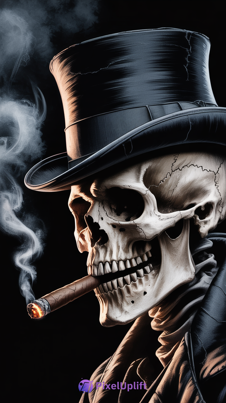 Detailed dark gothic skull with black top hat and lit cigar on black background phone wallpaper