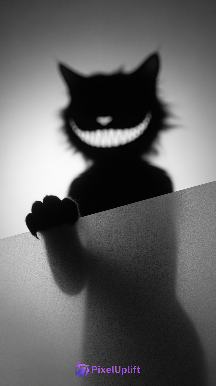 Dark menacing cat-like creature phone wallpaper in black and white with eerie grin and sharp claws