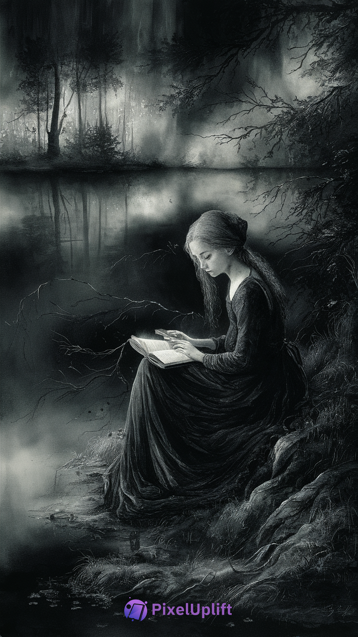 Somber woman reading by a foggy lake in a dark forest phone wallpaper