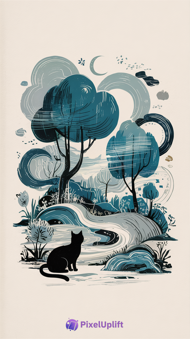 Artistic phone wallpaper showing a black cat looking at a stylized blue and teal natural landscape with abstract trees and celestial motifs