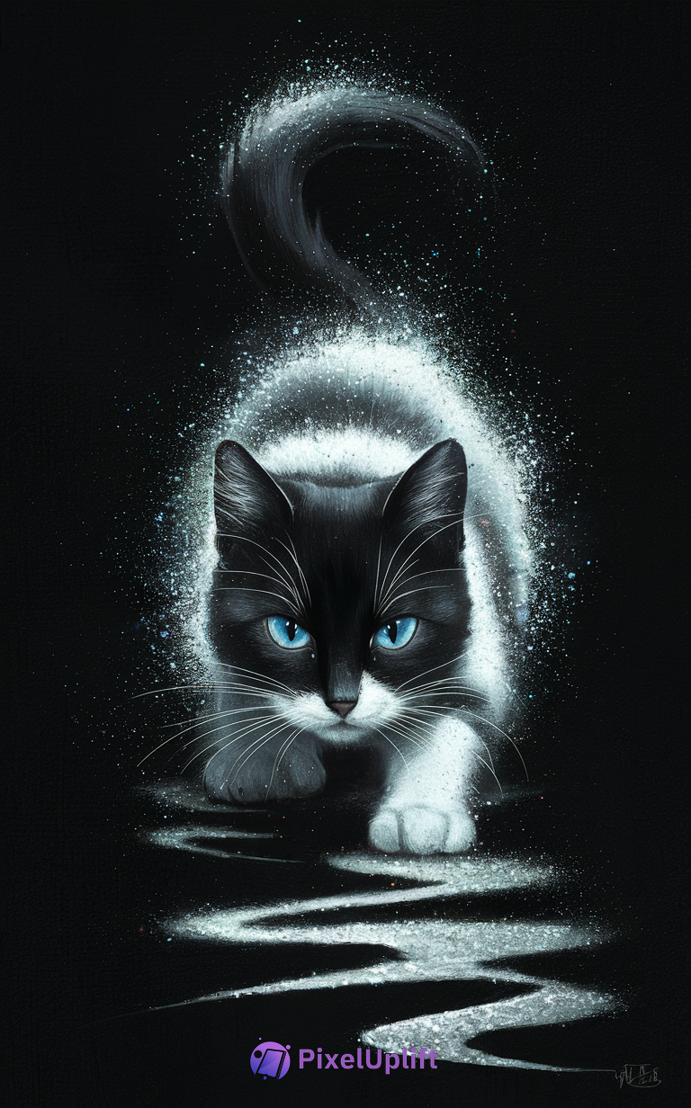 Black and white cat with piercing blue eyes in stalking position with glowing white aura on dark background phone wallpaper