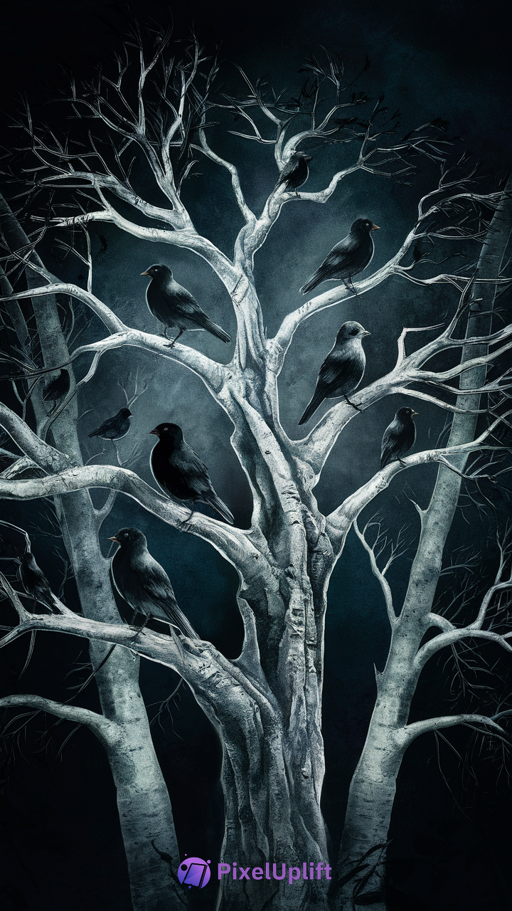 Dark phone wallpaper showing a twisted leafless tree with black crows perched on branches against a smoky blue and black background
