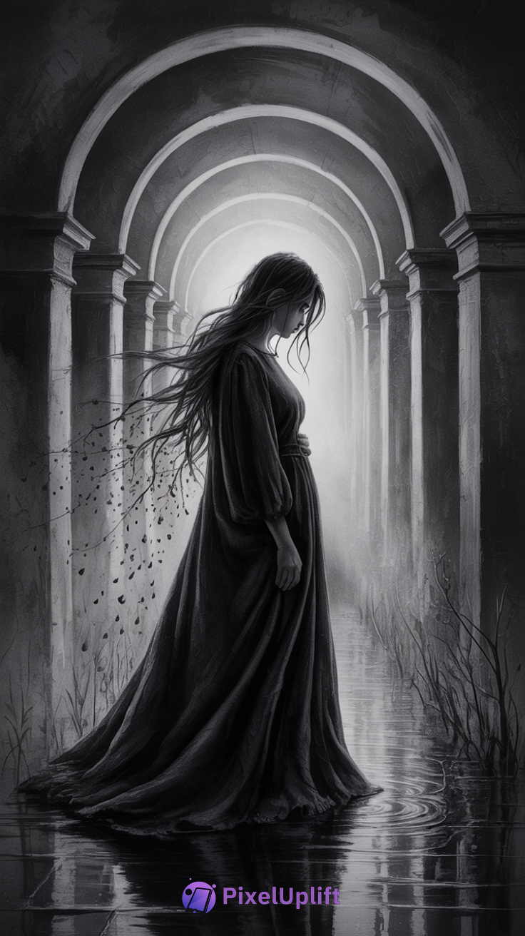 Monochromatic dark phone wallpaper showing a young woman in a flowing dark dress standing in a shallow pool under an arched colonnade with soft backlighting and leaf-like hair fragments