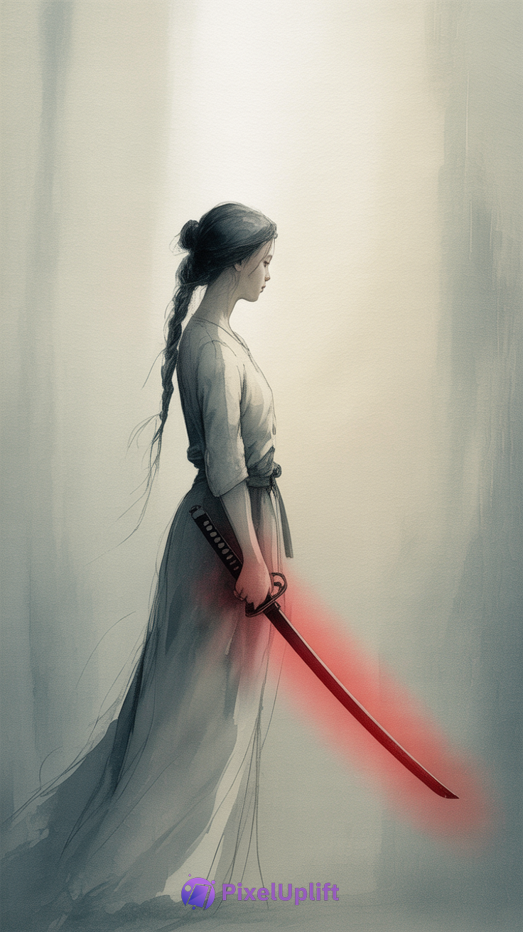 Digital painting of a woman in profile holding a glowing red katana, dark phone wallpaper aesthetic