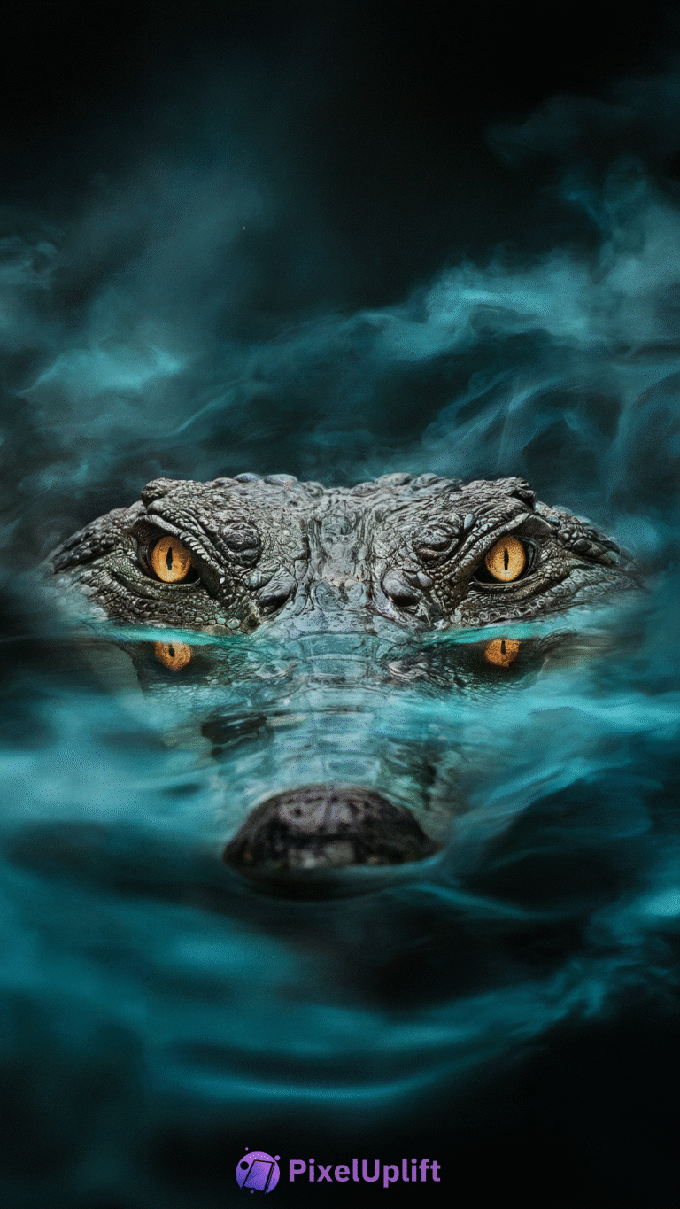 Close-up of a crocodile with yellow eyes partially submerged in misty water creating a dark wallpaper