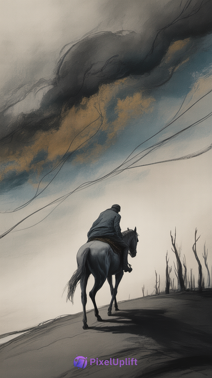 Dark phone wallpaper showing solitary rider on horse in barren landscape with dramatic stormy sky