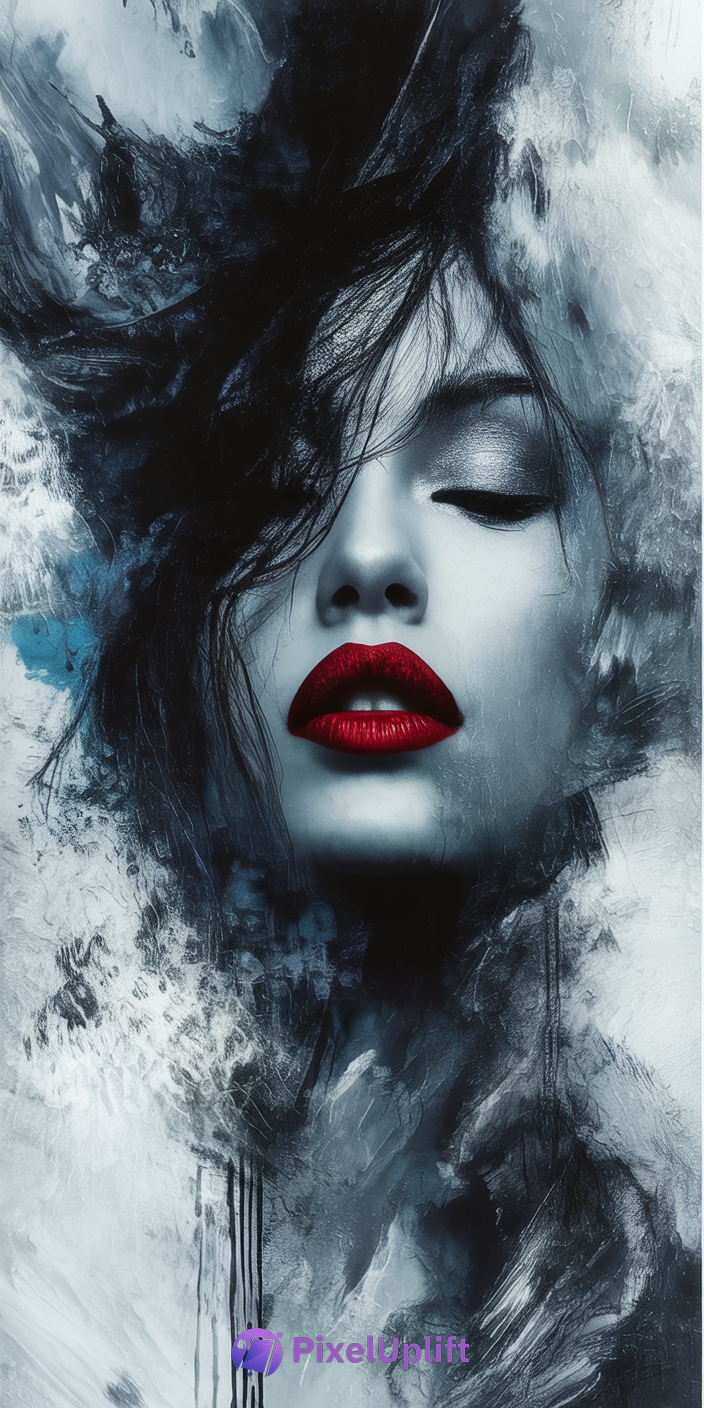 Close-up portrait of a woman with pale skin, vivid red lips, closed eyes, and dark hair blending into smoky abstract strokes on a moody dark wallpaper background