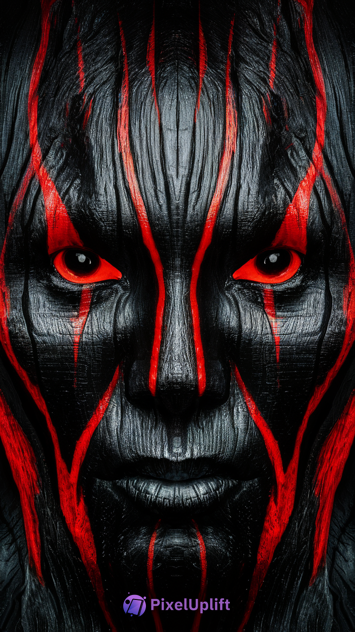 Close-up of a dark textured face with fierce red eyes and deep red grooves on black background phone wallpaper