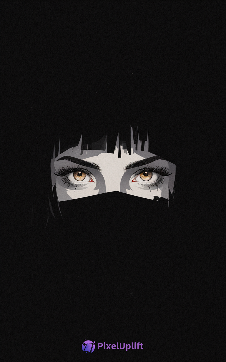 Dark phone wallpaper showing a mysterious figure with golden-brown eyes emerging from a black background