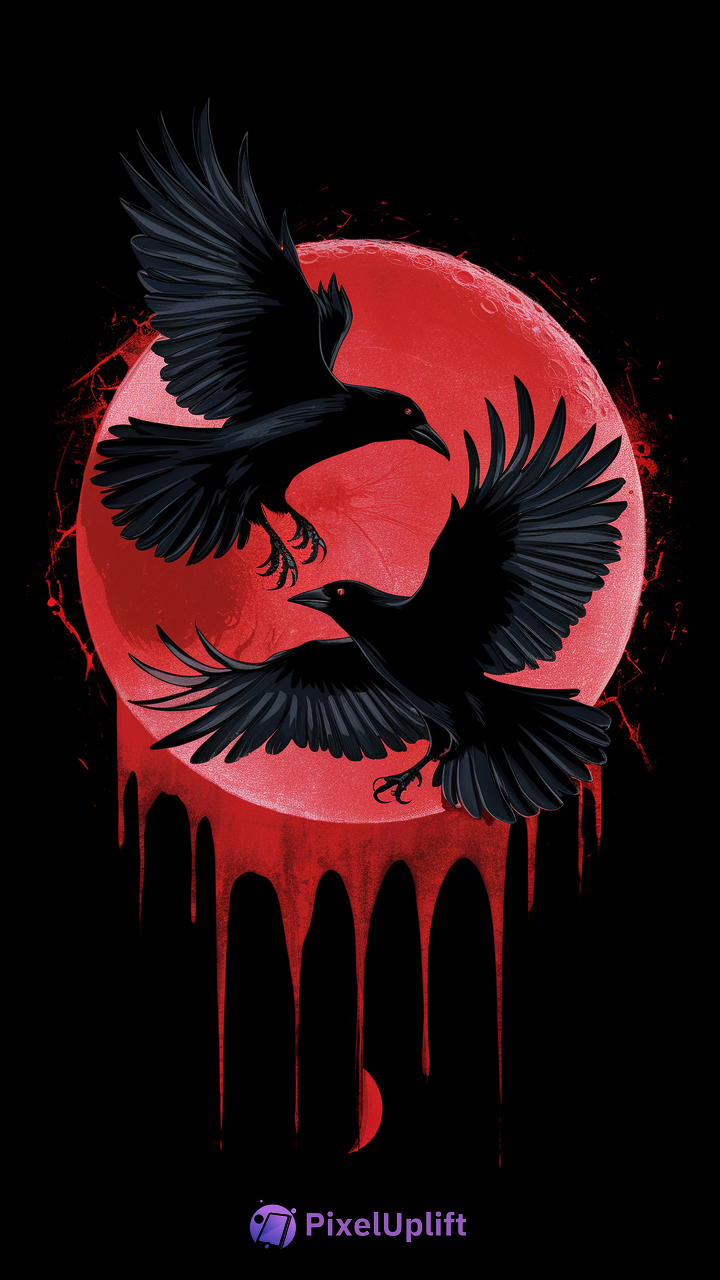 Black ravens flying with spread wings in front of a large red moon dripping red liquid on a black background