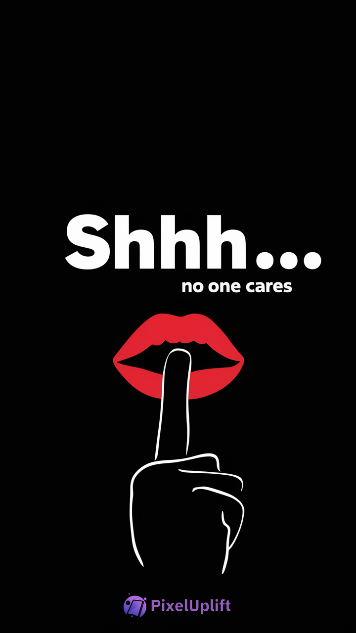 Black phone wallpaper with red lips and white outlined hand making shushing gesture and text saying Shhh no one cares