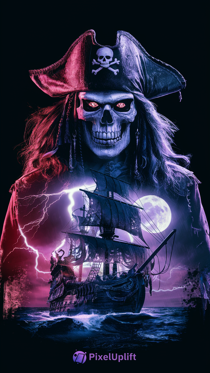 Dark pirate phone wallpaper with ghostly skull figure and pirate ship under stormy night sky