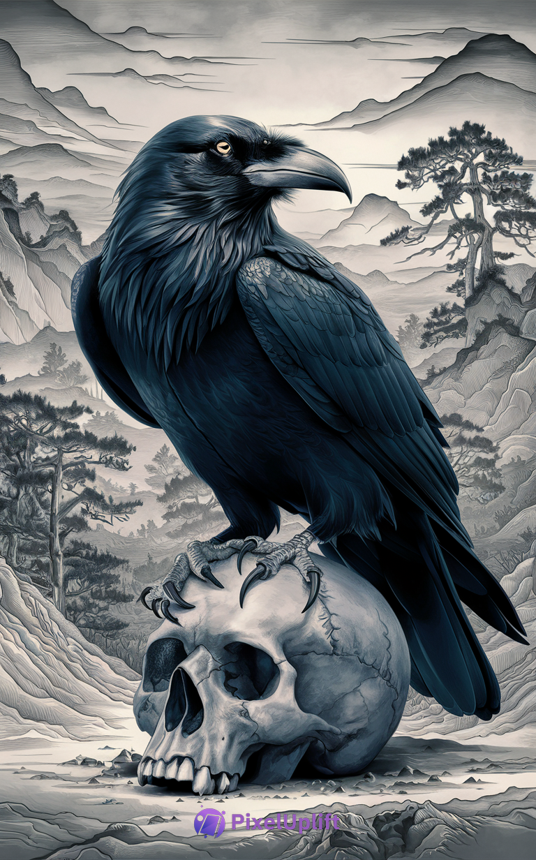 Detailed realistic illustration of a large black raven perched on a human skull with misty mountainous background
