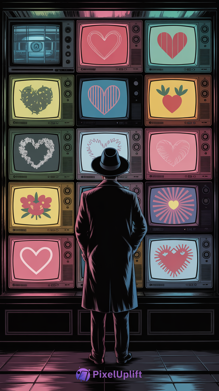 Silhouette of person in coat and hat standing before 15 retro CRT TVs displaying colorful heart designs on a tiled floor