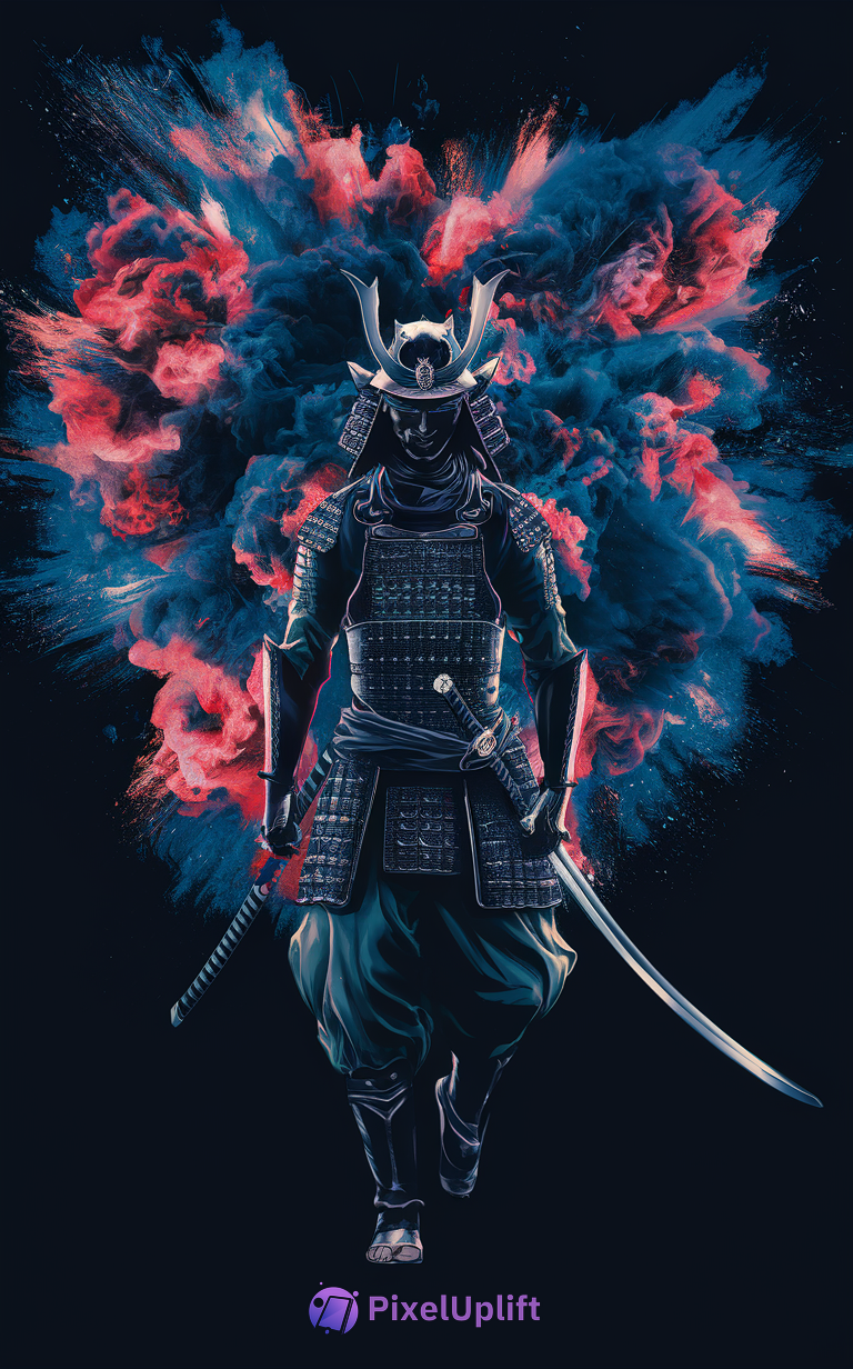 Dark phone wallpaper showing a samurai warrior with katana against vibrant colorful smoke background