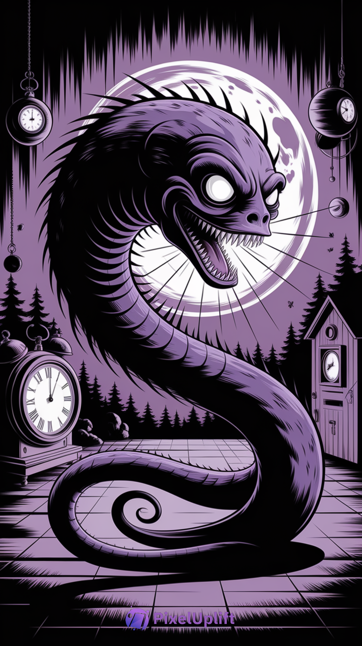 Dark purple and black serpent with glowing white eyes and sharp teeth coiled in front of a full moon with various clocks and pine tree silhouettes
