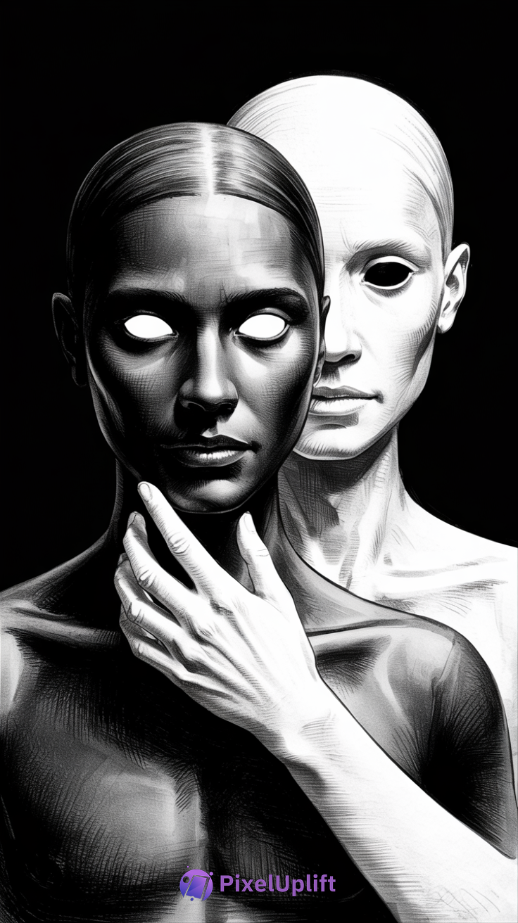 Surreal monochromatic phone wallpaper showing two intertwined humanoid figures with contrasting skin tones and reflective textures on a black background