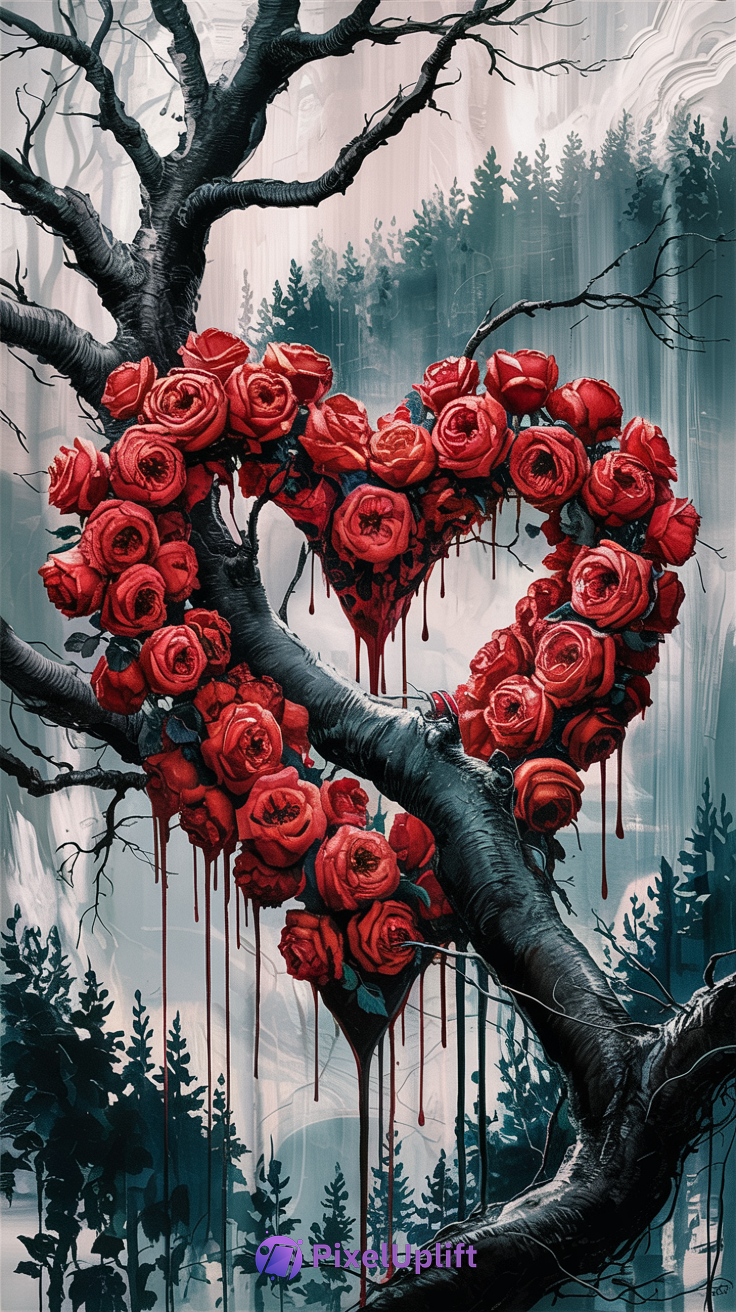 Dark surreal phone wallpaper showing a heart-shaped arrangement of red roses on a gnarled black tree in a misty forest with blood-like drips