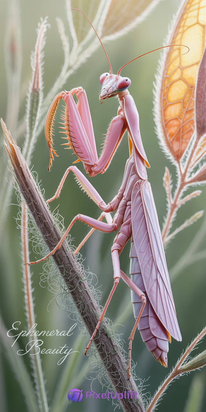 Close-up macro photo of a pink praying mantis perched on a fuzzy green stem with blurred natural background