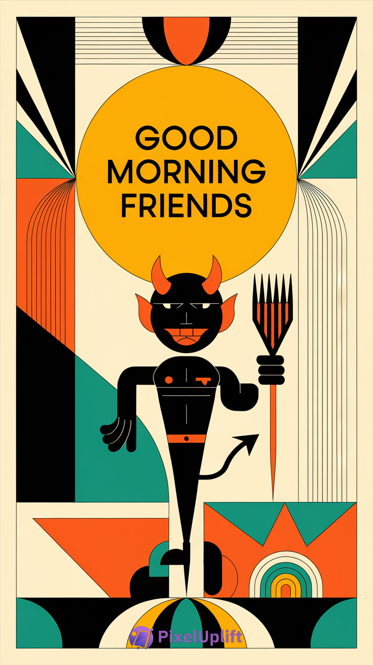 Stylized devil illustration phone wallpaper with black, orange, teal, and cream geometric patterns and a yellow-orange circle saying Good Morning Friends