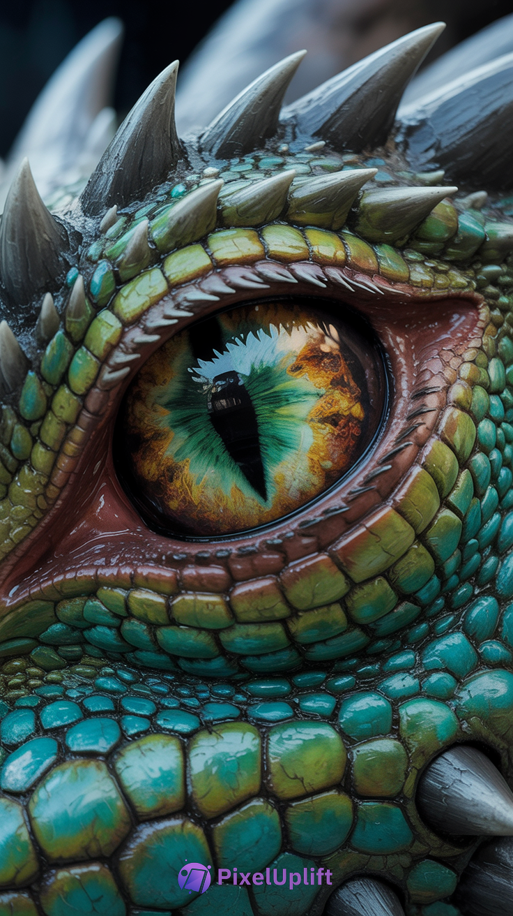 Close-up of a dragon's eye with vivid green, yellow, and orange hues and textured blue-green scales