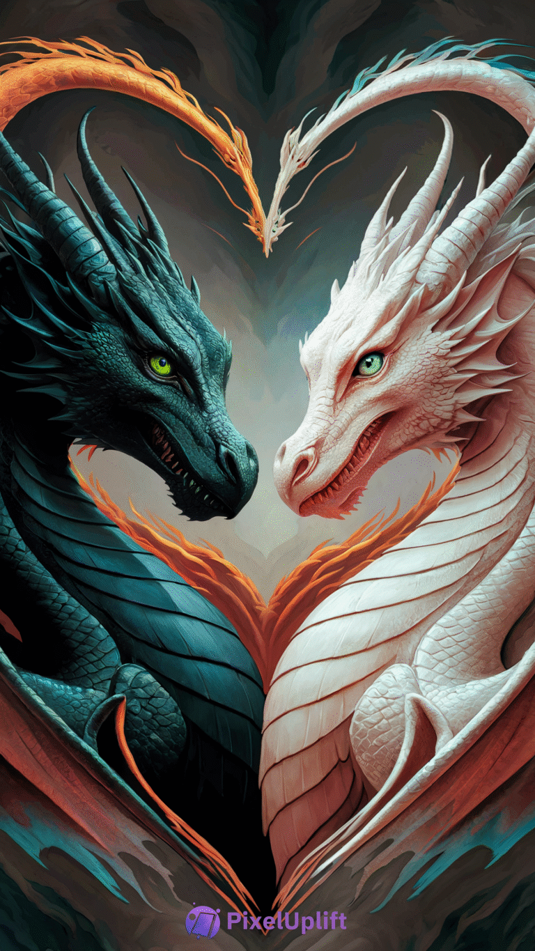 Two dragons forming a heart shape with their necks on a dark and light toned background, detailed scales in dark green and white hues