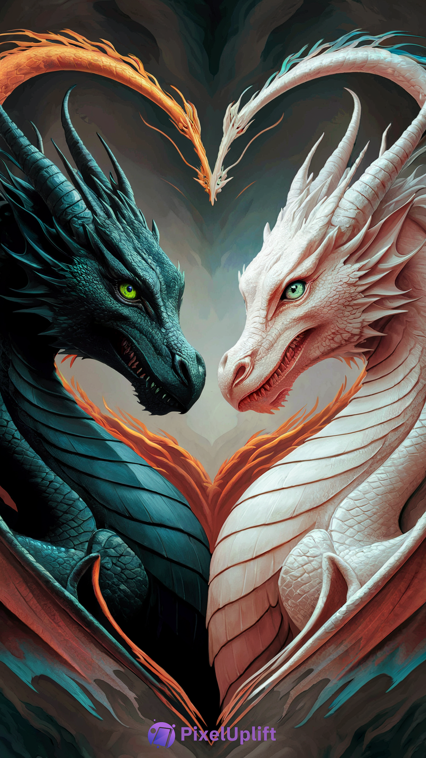 Two dragons forming a heart shape with their necks on a dark and light toned background, detailed scales in dark green and white hues