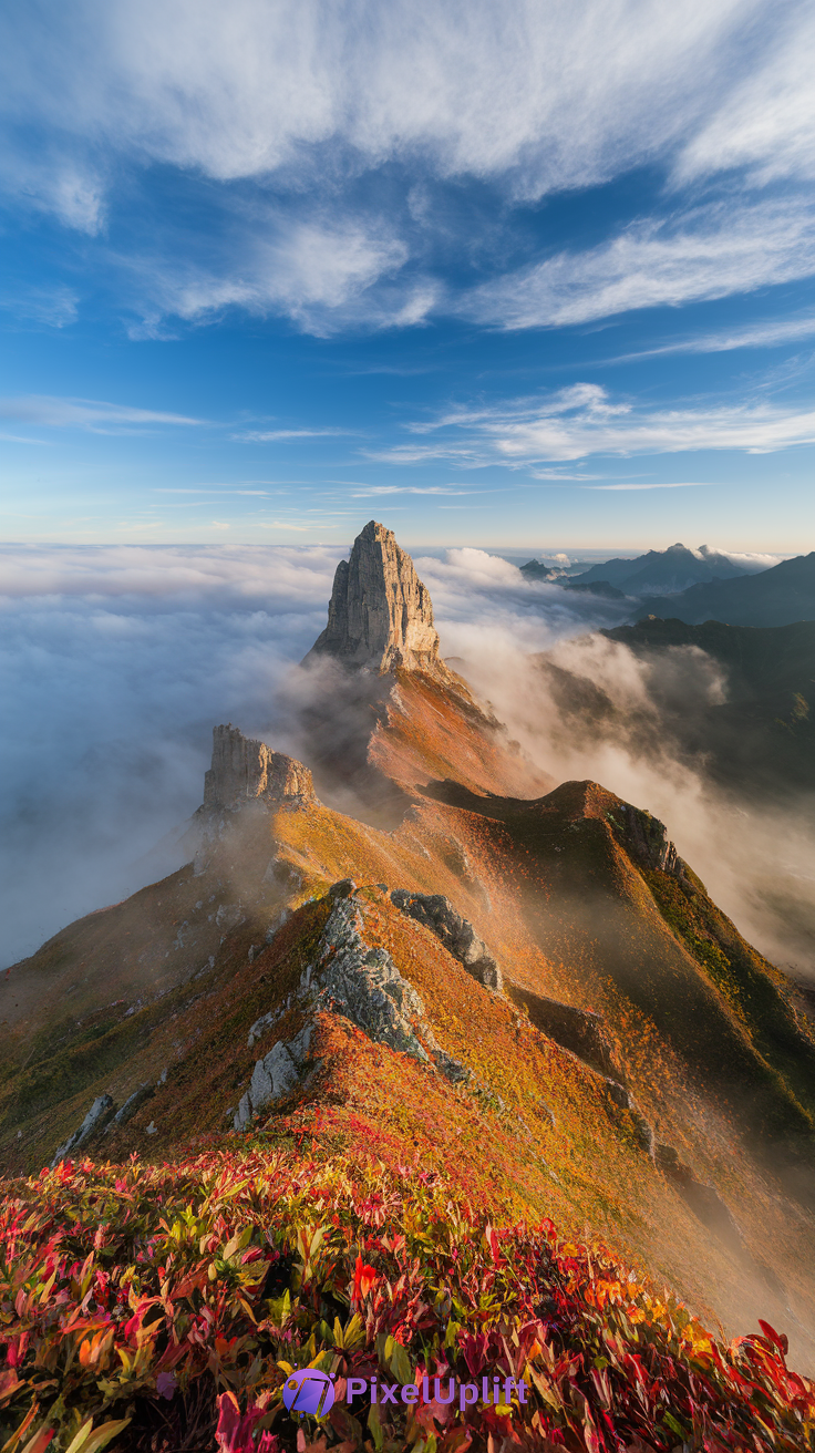 Dramatic mountain landscape phone wallpaper with rocky peak and autumn foliage in vibrant red, orange, and yellow hues