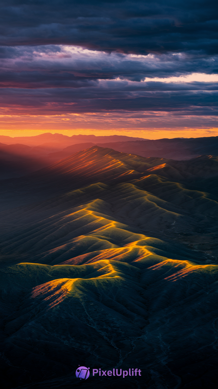 Dramatic colorful mountain landscape phone wallpaper with golden sunset light and dark moody clouds