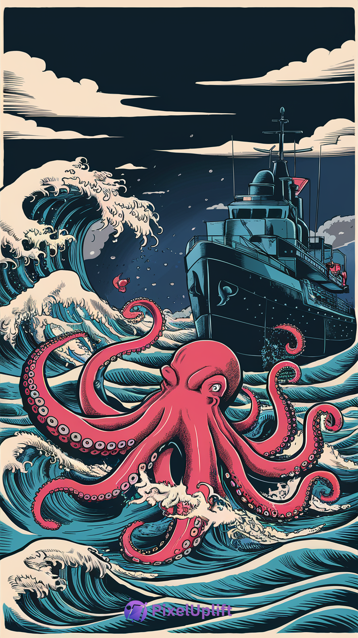 Dramatic ocean night phone wallpaper with a large red octopus entangled in turbulent blue and white waves and a dark ship in the background