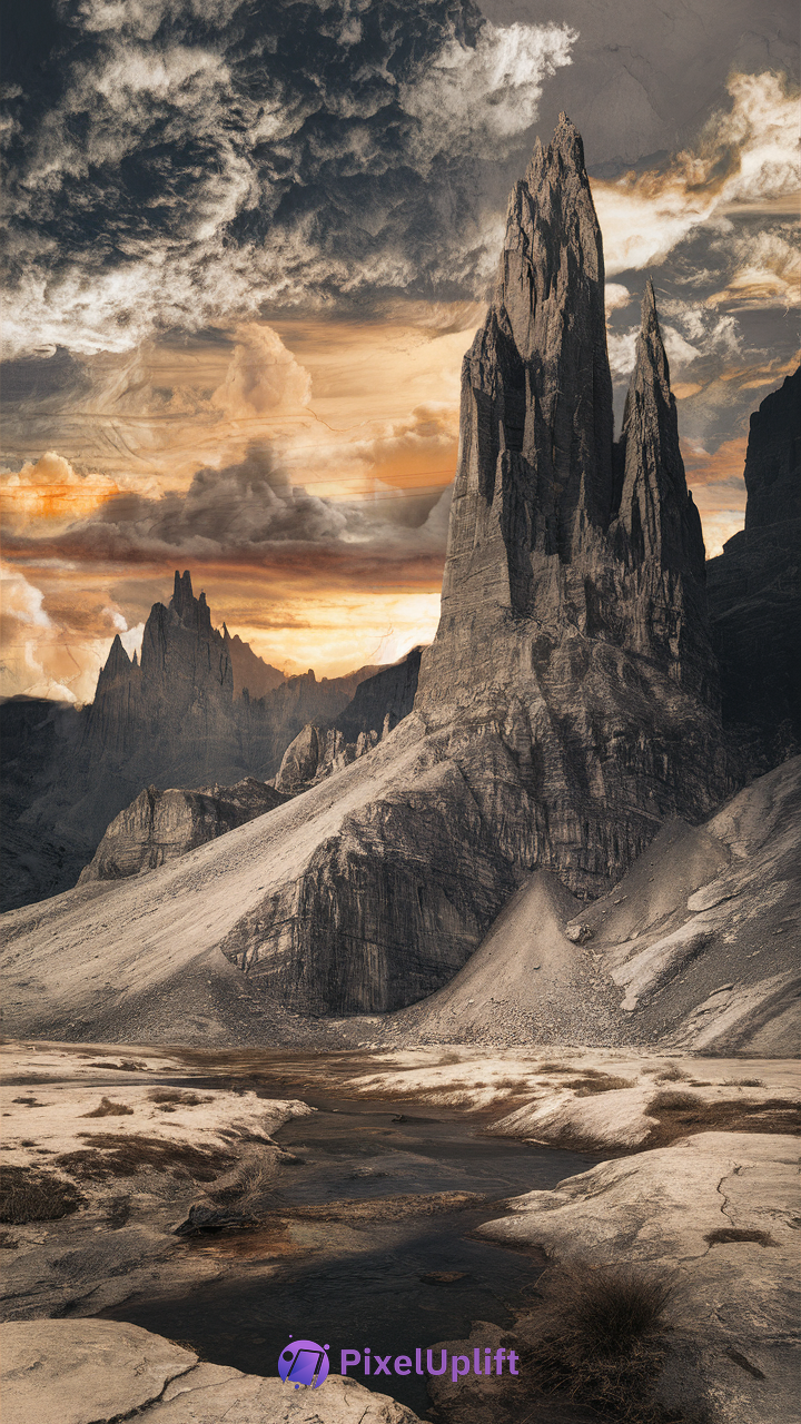 Surreal dramatic phone wallpaper showing jagged rock formation with sharp peaks, a small water body, dry cracked earth, and a cloudy sky with orange and dark blue hues