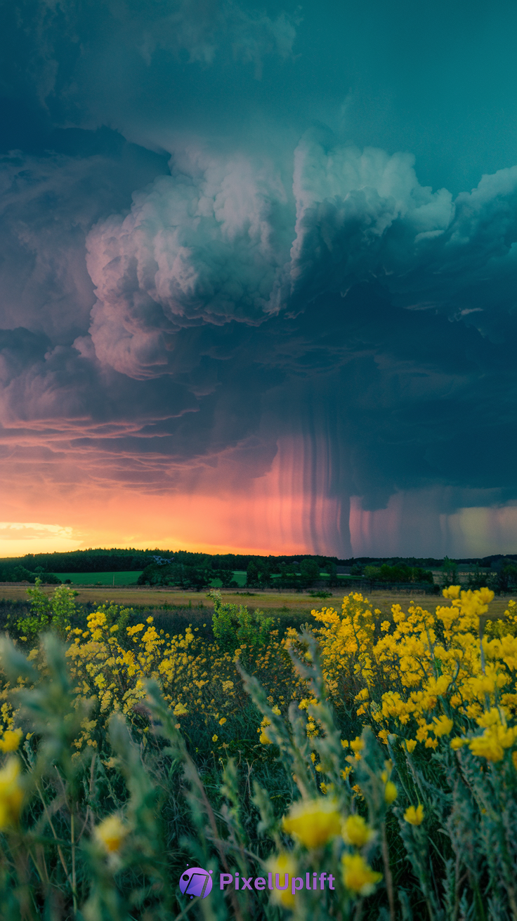 Dramatic sunset storm phone wallpaper with vibrant yellow flower field and dark swirling storm clouds