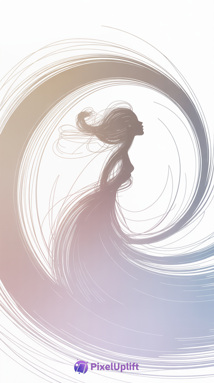 Artistic and elegant illustration of a woman in profile with flowing hair and dress blending into swirling circular patterns in muted beige, light brown, and pale blue tones