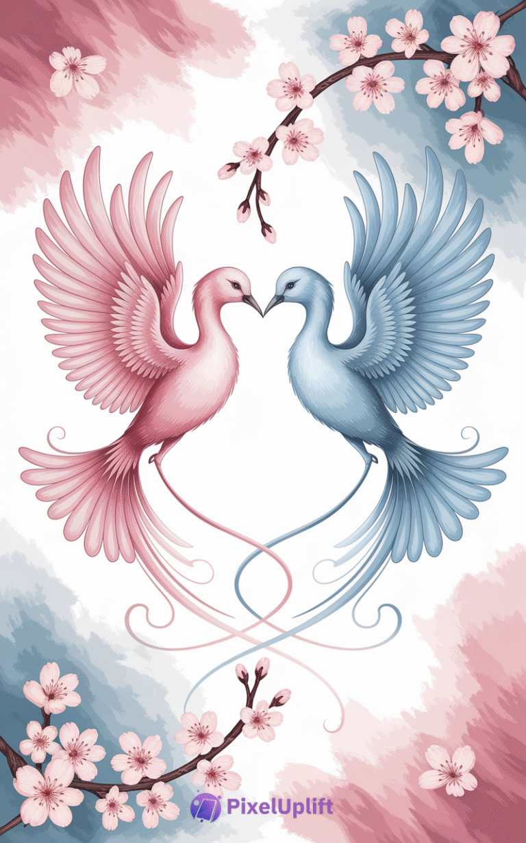 Beautifully illustrated phone wallpaper of two elegant birds with pink and blue wings facing each other surrounded by cherry blossoms on a soft watercolor background