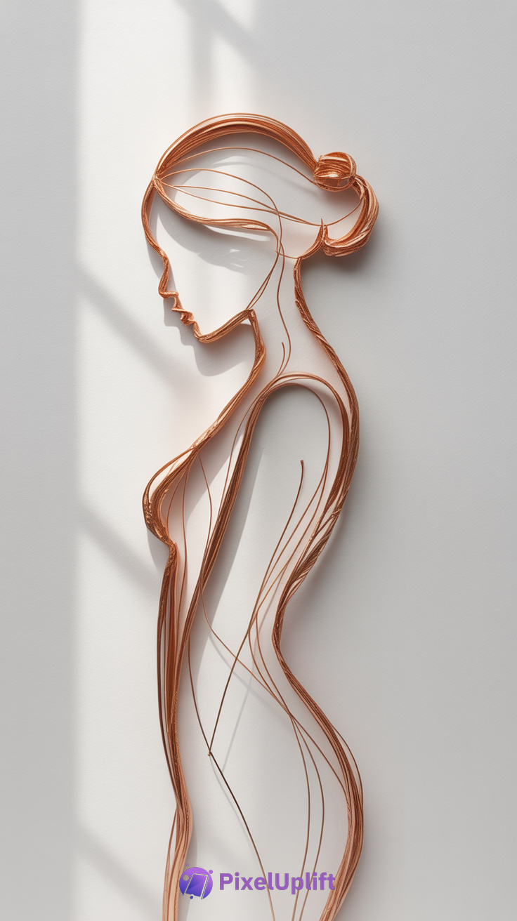 Minimalist copper wire sculpture of a woman profile and upper body on a light background phone wallpaper