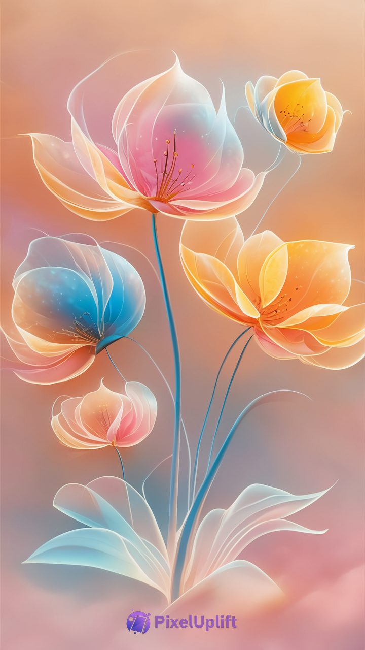 Translucent digital flowers phone wallpaper with soft pastel gradient background