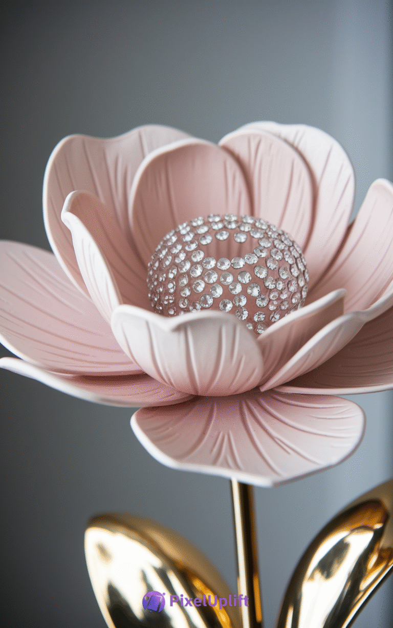 Decorative flower sculpture phone wallpaper with soft pink petals and sparkling rhinestone center on a blurred background